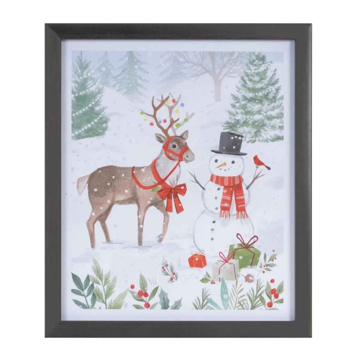Framed Snowman and Reindeer Print – 11"H Holiday Wall Decor by Melrose