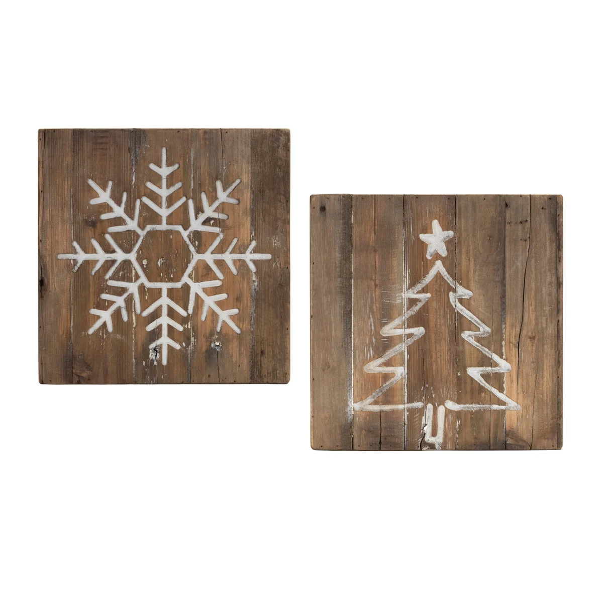 Distressed Wood Snowflake & Tree Block Set – Set of 2, 11.5" Square Rustic Holiday Decor by Melrose