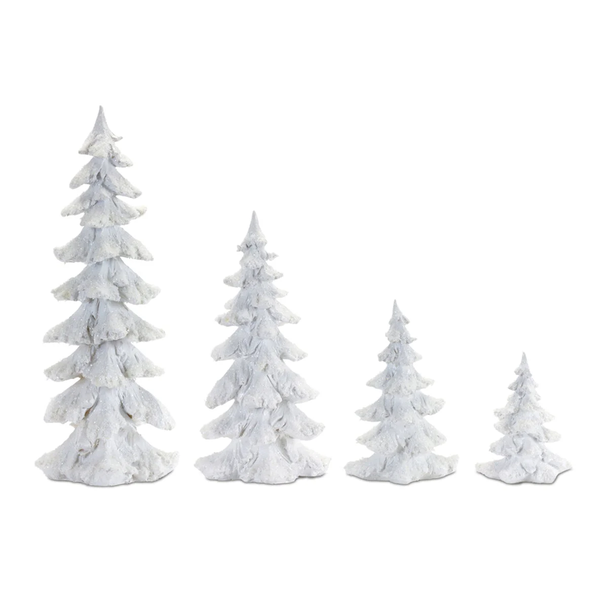 Flocked White Pine Tree Set with Carved Design – Set of 4 Assorted Tabletop Trees by Melrose