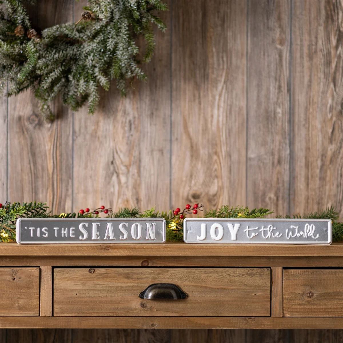 Metal Holiday Sentiment Sign Set – Set of 2, 12"L Silver Christmas Wall & Shelf Decor by Melrose
