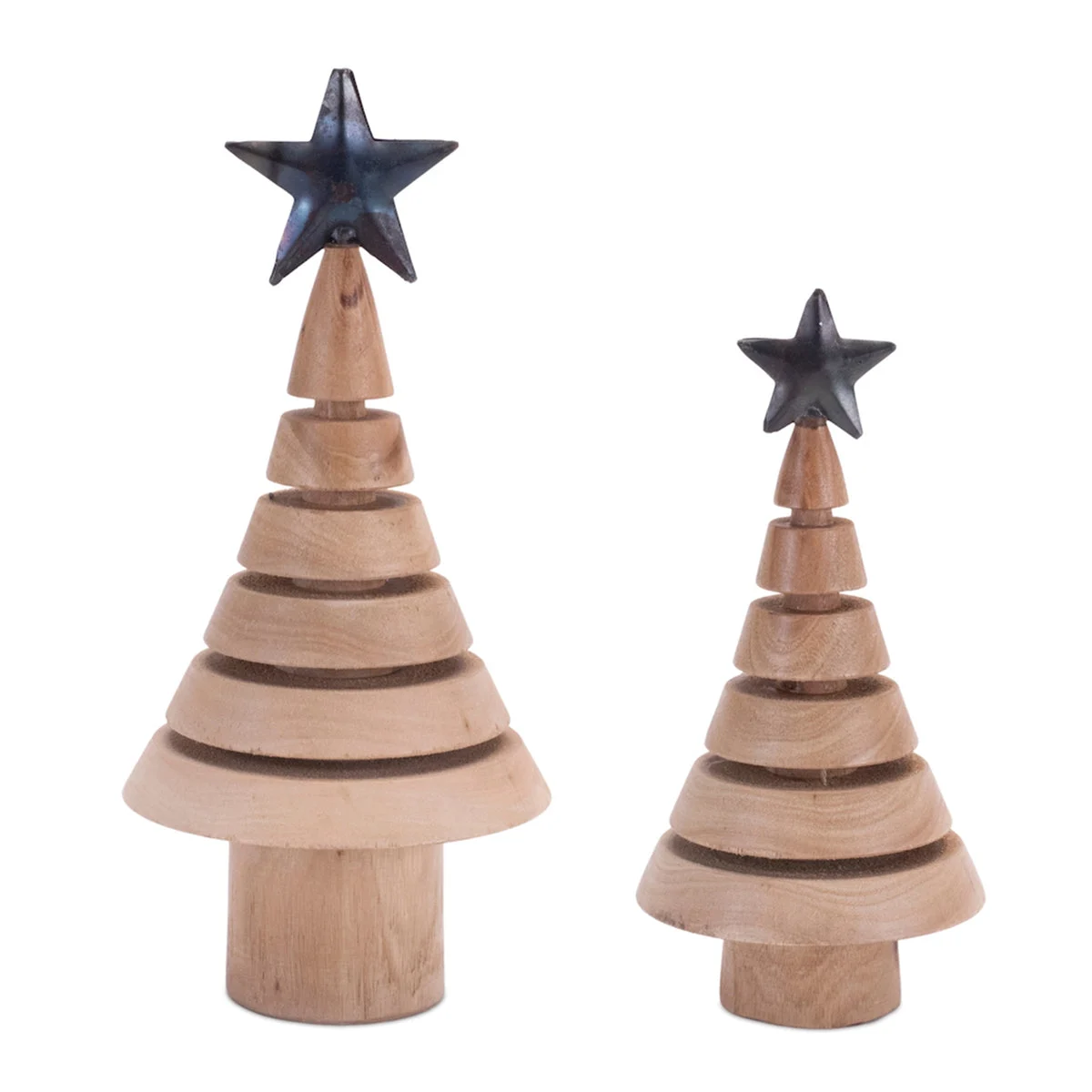 Natural Wood Tree with Metal Star Tabletop Decor – Set of 2, 7.75"H & 9.75"H Rustic Christmas Trees by Melrose