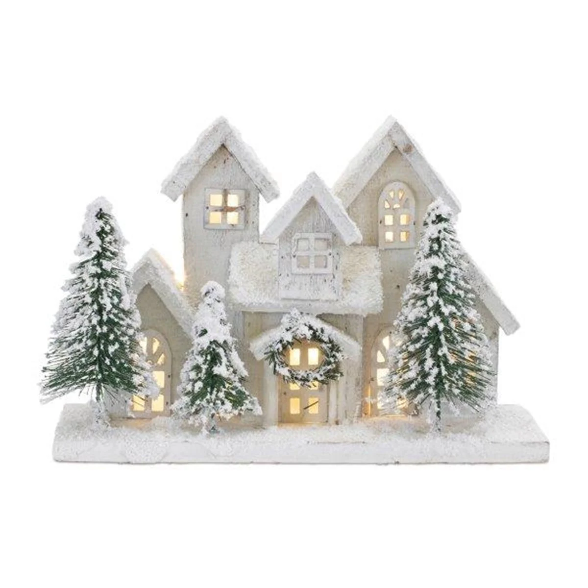 LED Flocked Holiday Village – 12.5"L Wood Christmas Display by Melrose