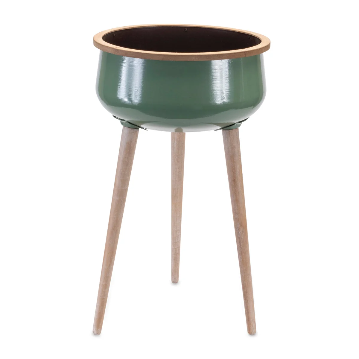 Green Metal Planter – Wood Base – 24" Tall Indoor/Outdoor Planter – By Melrose