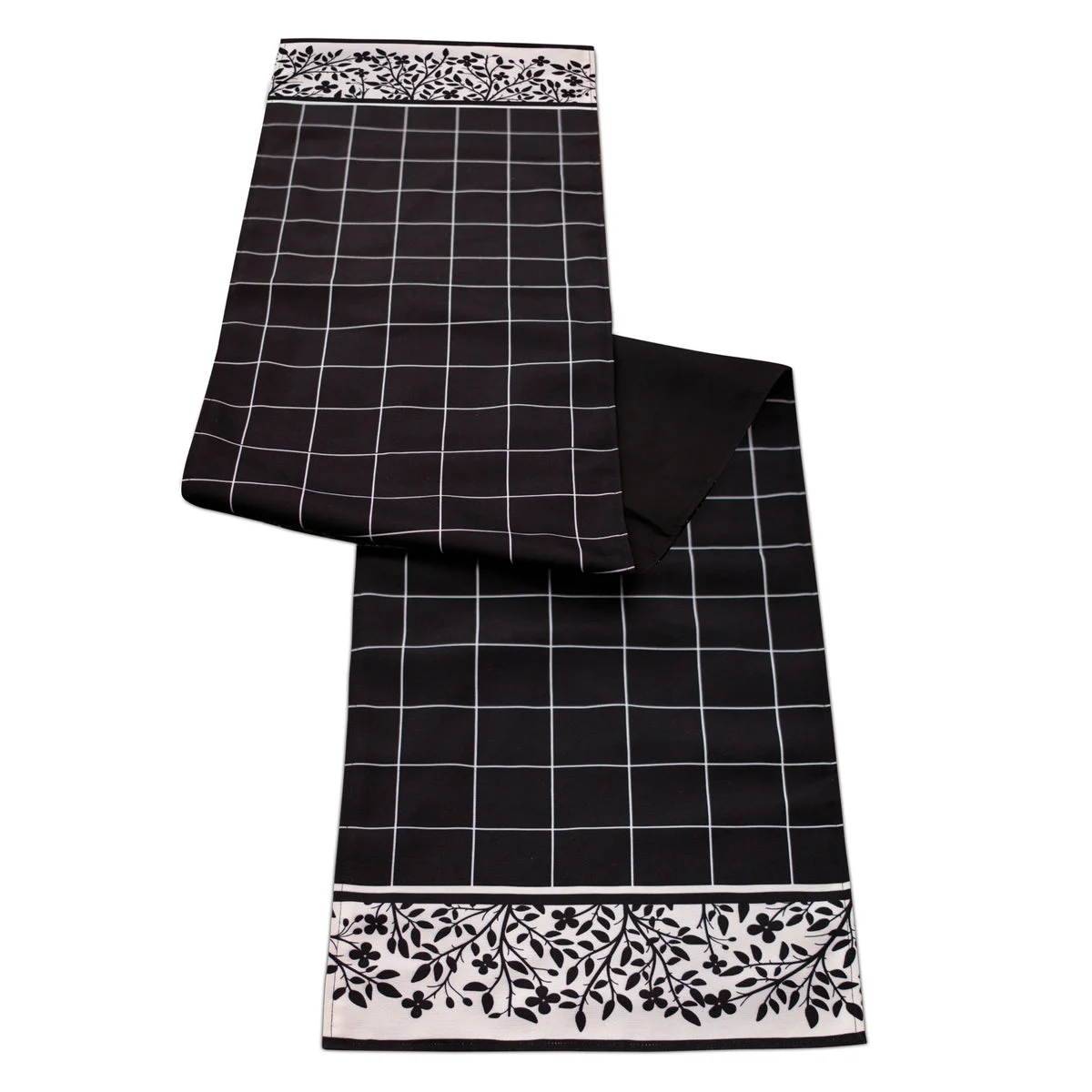 Table Runner – Black and White Plaid with Floral Accent – 14"W x 72"L – By Melrose