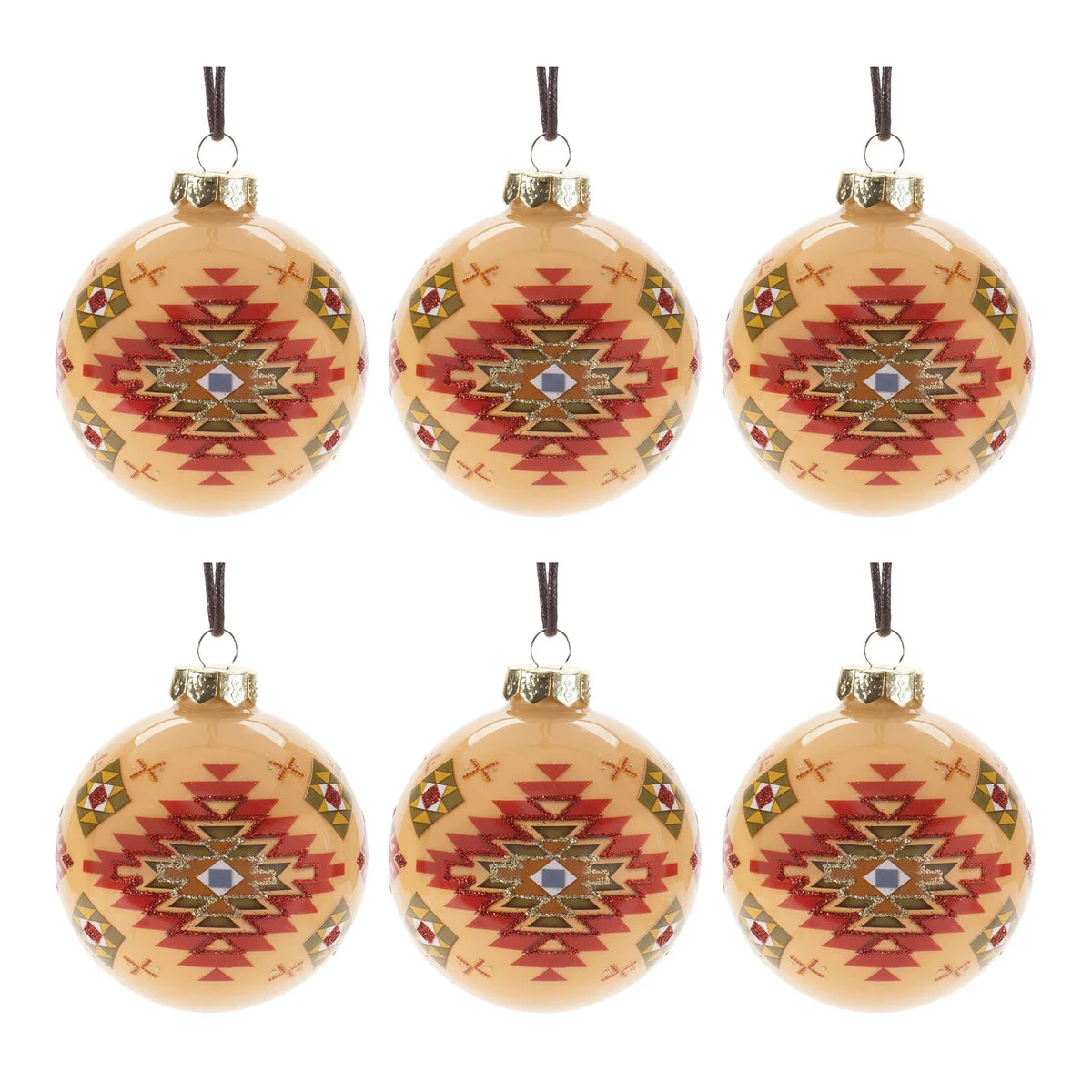 Christmas Glass Ball Ornament Set of 6 Western Pattern 4" Height Tree Decor by Melrose