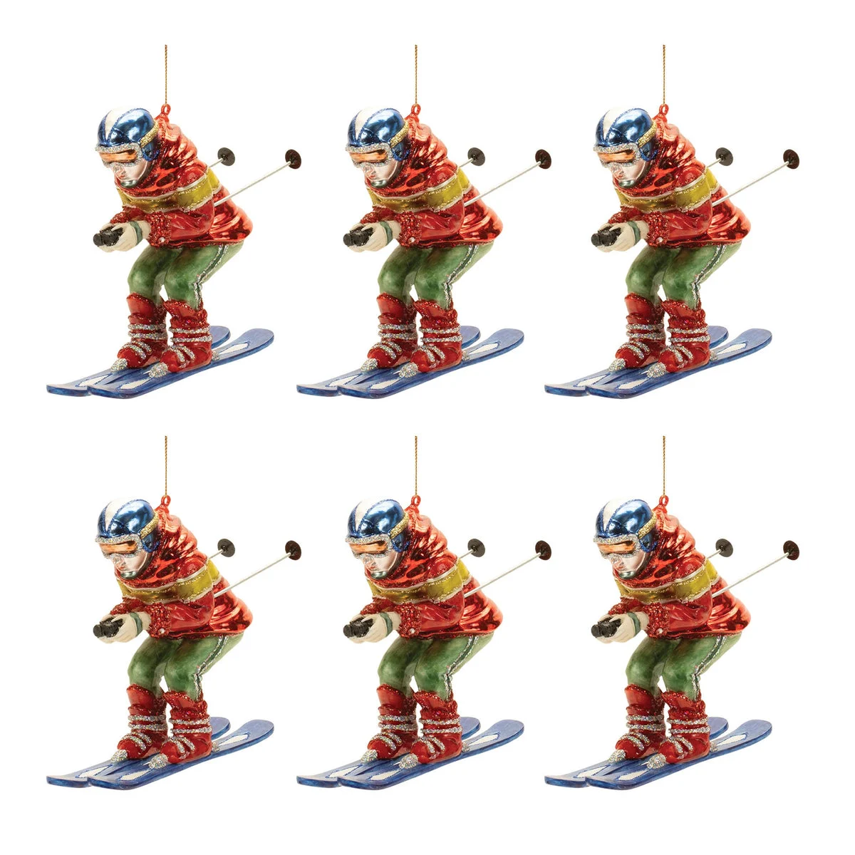 Christmas Ornament Set – Glass Skier Design 5.25 Tree Hanging Decor by Melrose