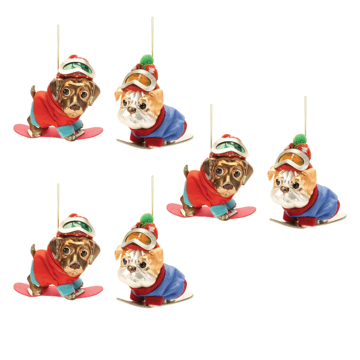 Christmas Ornament Set – Glass Snowboarding Dog Design 5.75 Tree Hanging Decor by Melrose
