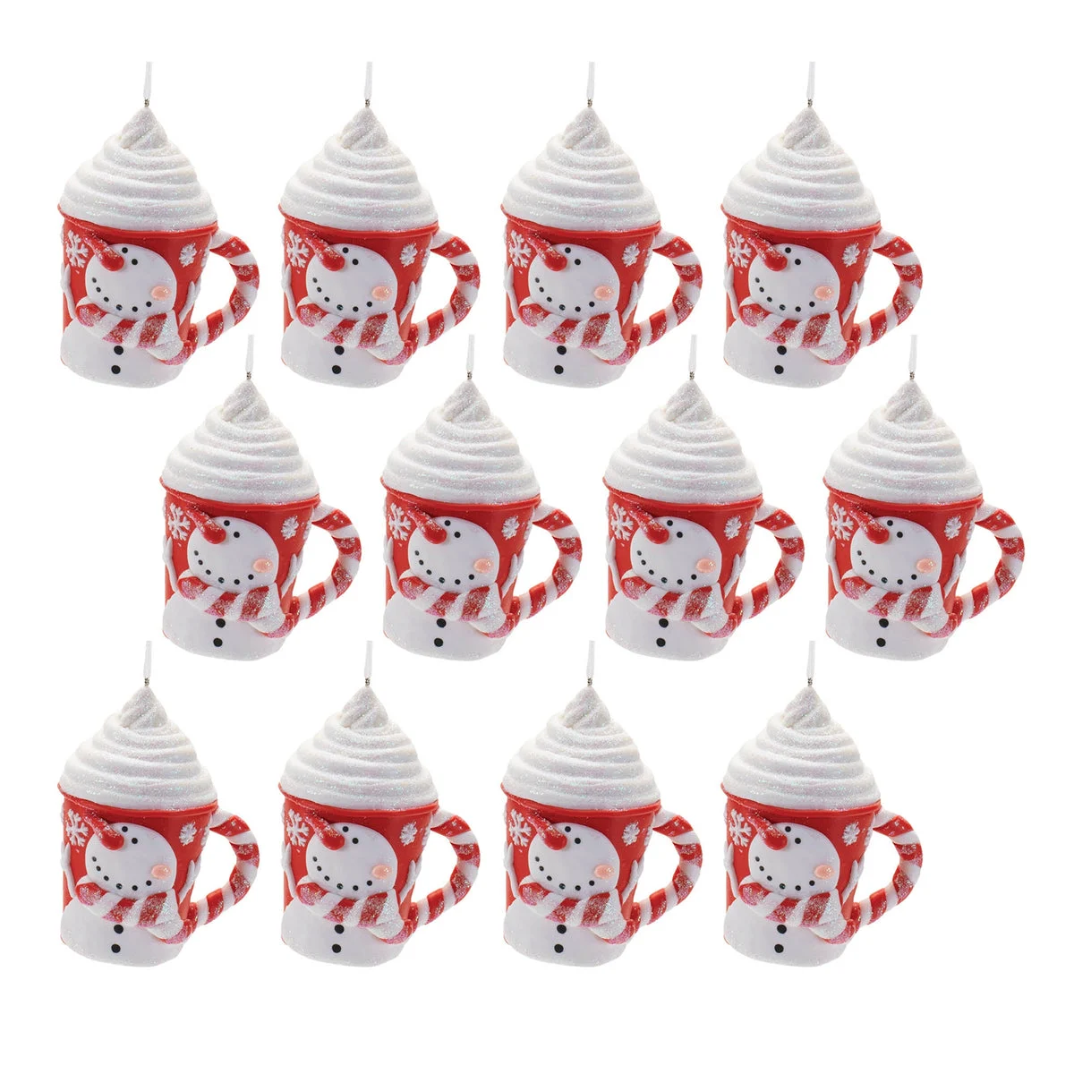 Christmas Ornament Set – Clay Peppermint Snowman Mug Design 3.5" Tree Hanging Decor by Melrose