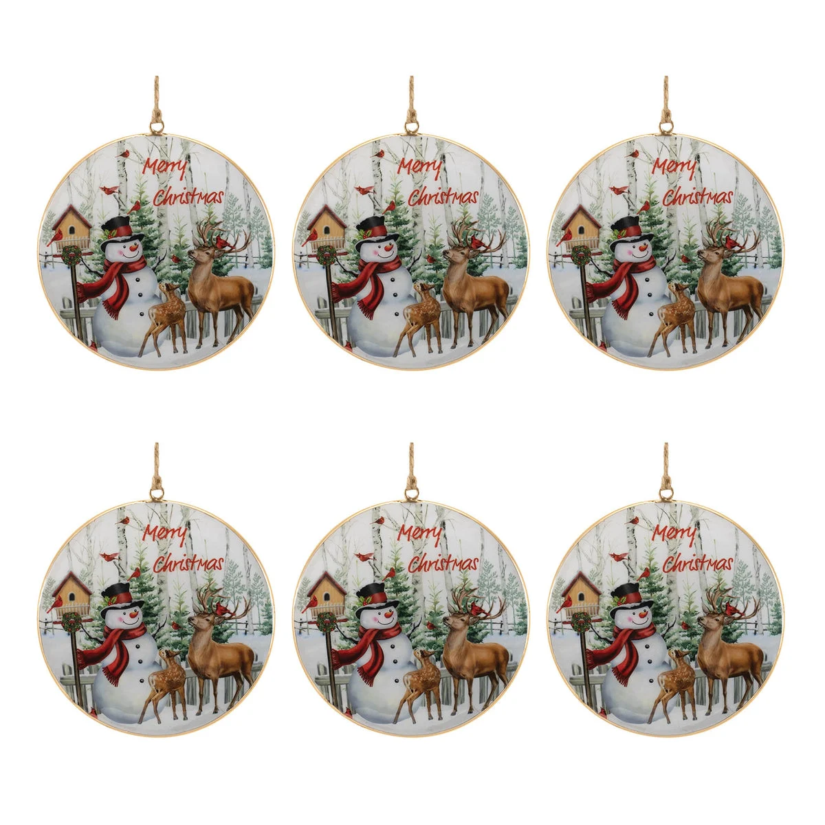 Christmas Ornaments Snowman and Deer Iron Disc 5.75" Height Set of 6 by Melrose