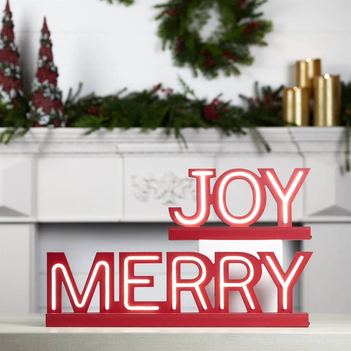 Christmas Decor LED Joy and Merry MDF Signs 6.75" Height Set of 2 by Melrose