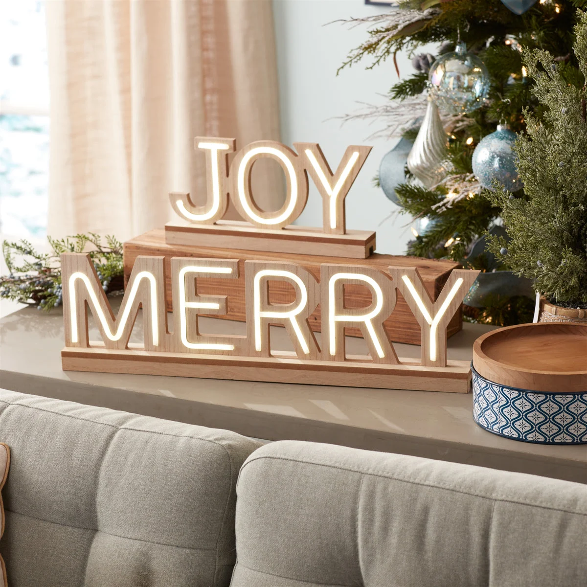 Christmas Decor Neutral Tone LED Joy and Merry Signs 6.75" Height Set of 2 by Melrose