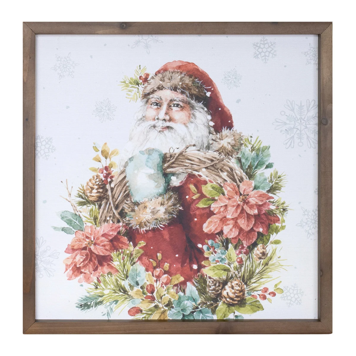 Holiday Wall Christmas Decor – Framed Santa Print With Floral And Snowflake Design 16" by Melrose