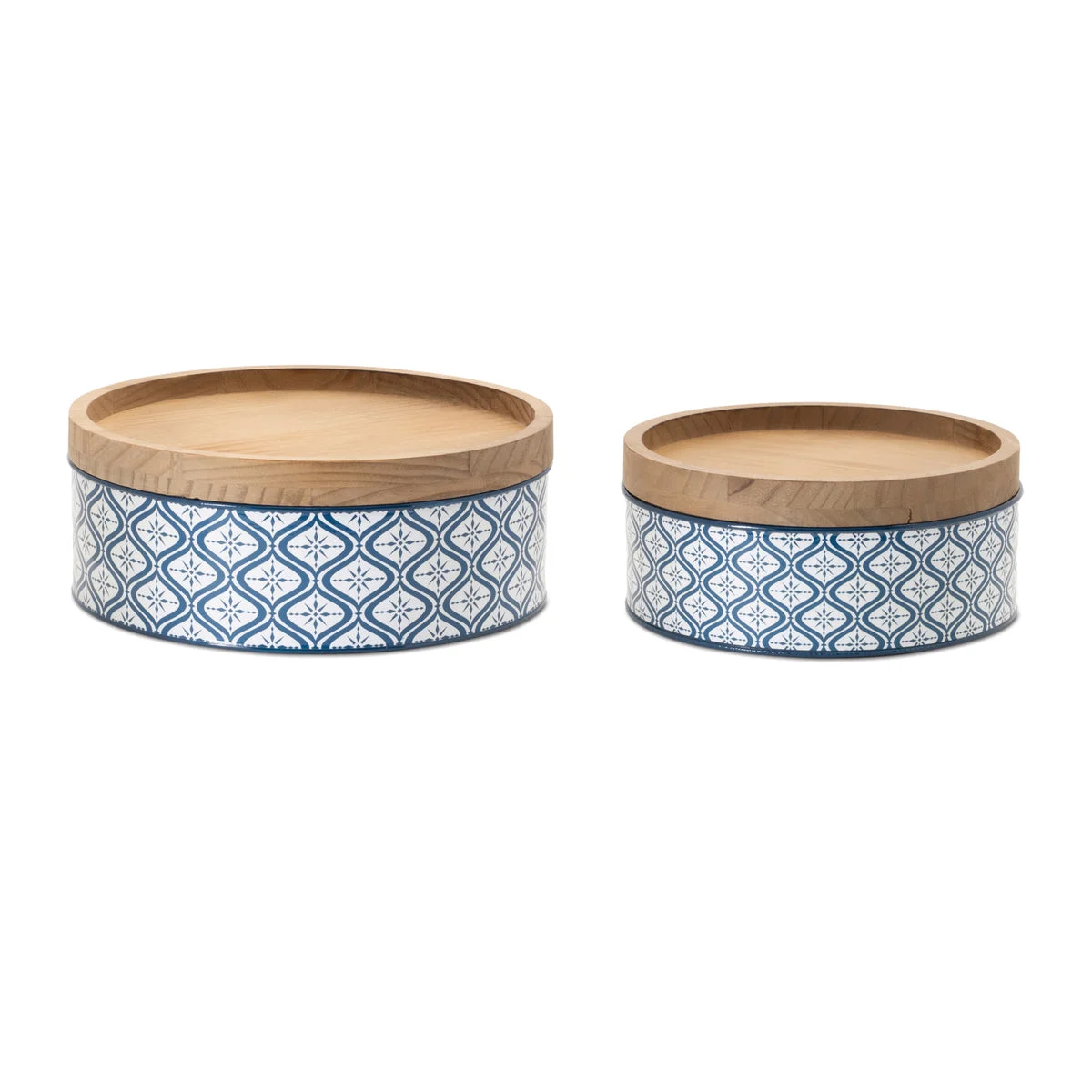 Blue Patterned Metal Canisters 11"– Wood Lid Kitchen Storage Set of 2 by Melrose