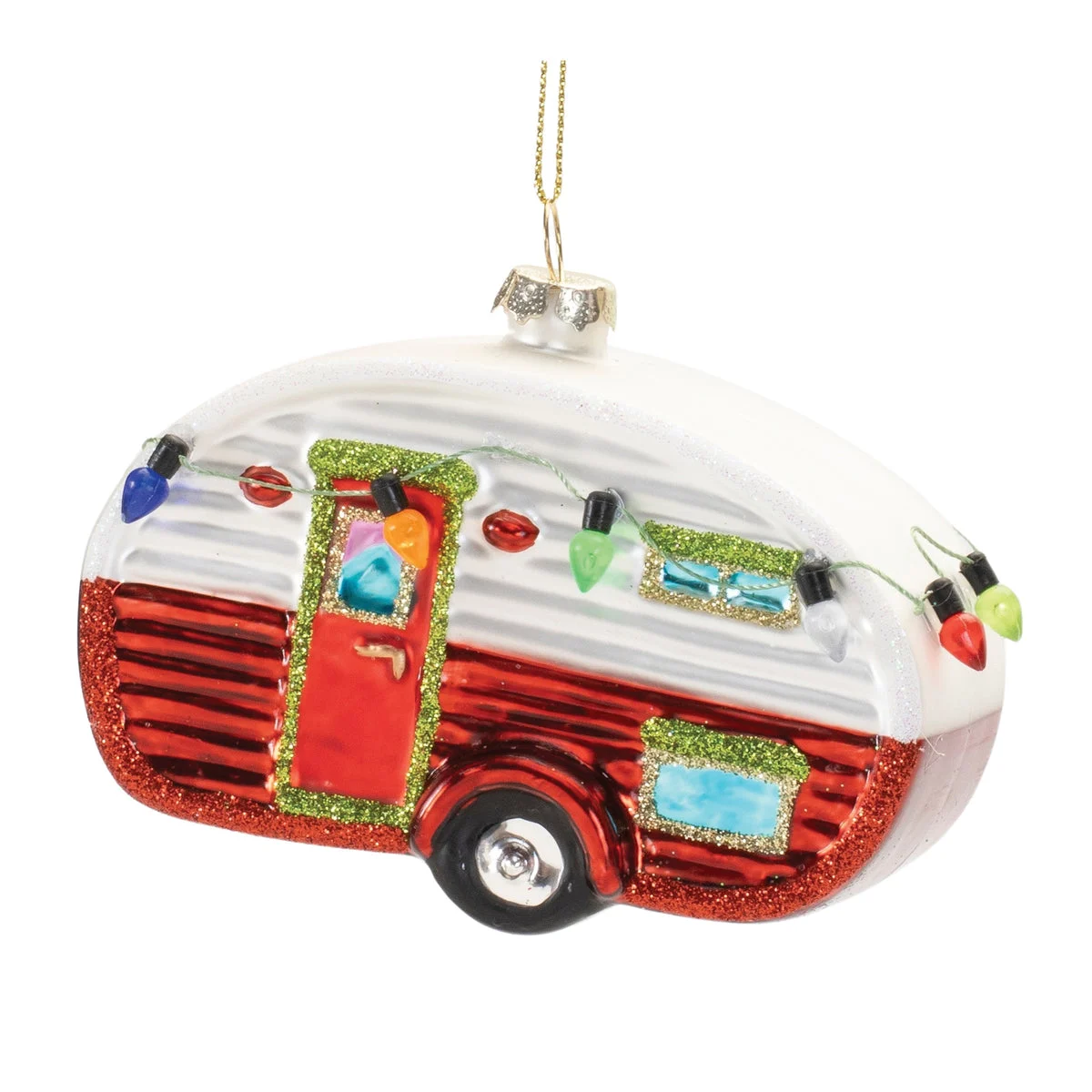 Christmas Decorative Camper Ornaments Glittered Glass Tree Decor – Set of 12, 4" L by Melrose