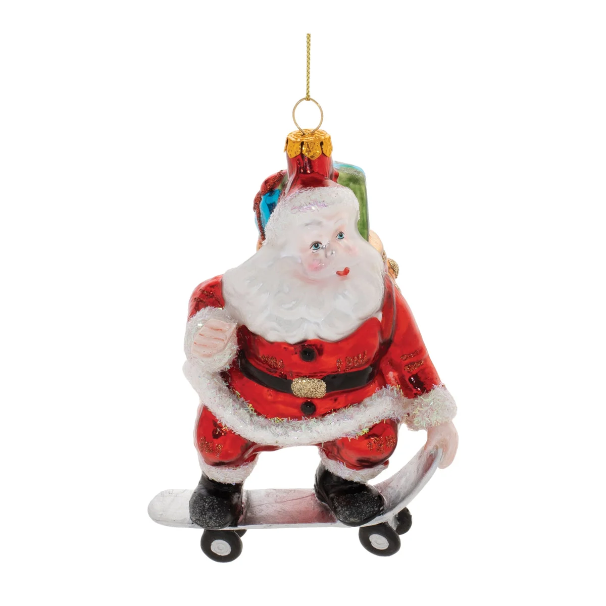 Glass Skateboarding Santa Ornament (Set of 6), 5.5"H Festive Red & White Christmas Decor by Melrose