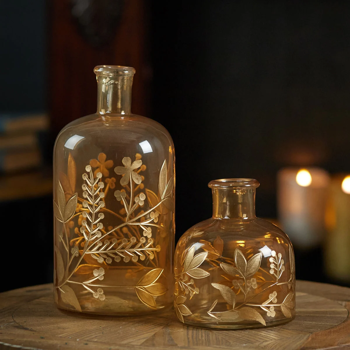Foliage Etched Glass Bottle Vases Set of Two Gold Accent 5.5 Inch Indoor Decor by Melrose