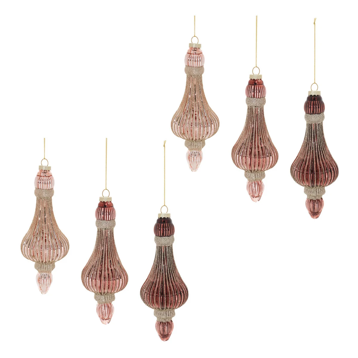 Ribbed Glass Holiday Drop Ornaments Set of 6 Gold Glitter Accent by Melrose