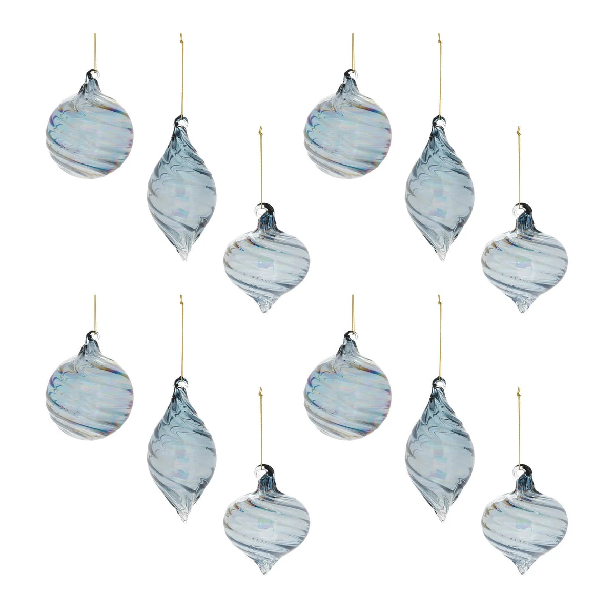 Iridescent Swirl Glass Ornament Set of 12 Blue Grey 3 x 3 Inch Assorted Shapes by Melrose