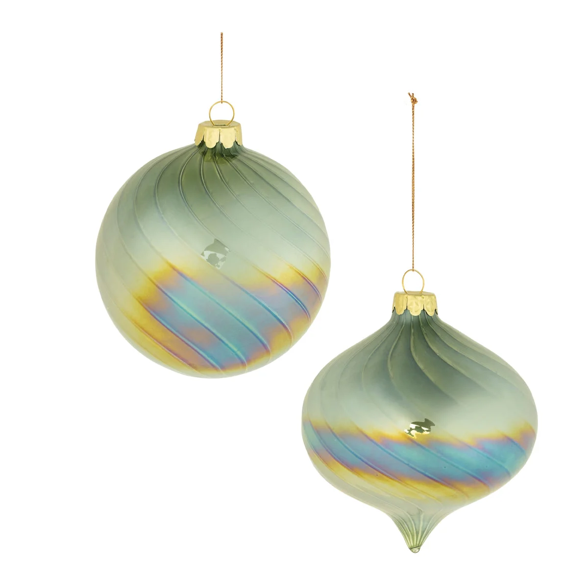 Glass Ornament 4.5"H Green Gold Iridescent Swirl Mixed Shape Christmas Decor Set of 6 By Melrose