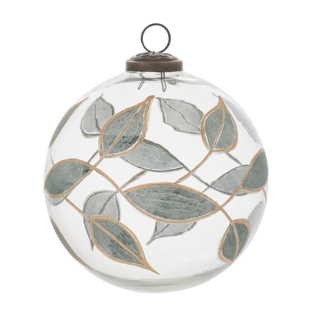 Leaf Etched Ball Ornament (Set of 4) 5.5"D Green Glass Brass Farmhouse Holiday Decor By Melrose
