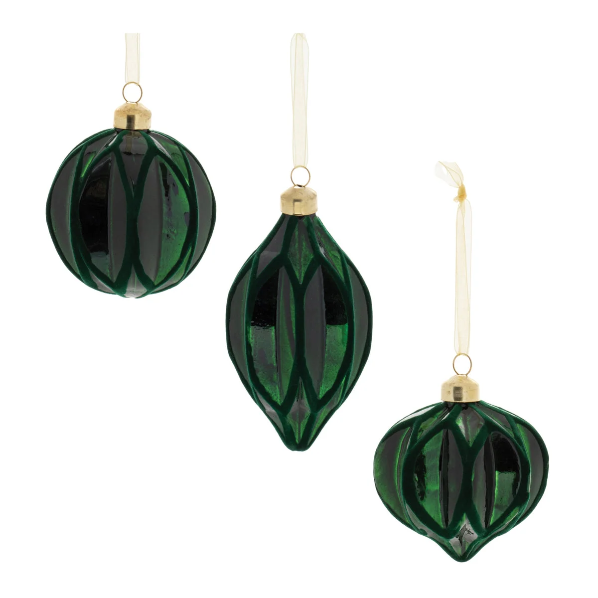 Velvet Glass Ornament (Set of 12) 5"H Green Glass Ribbed Geometric Glam Holiday Decor By Melrose