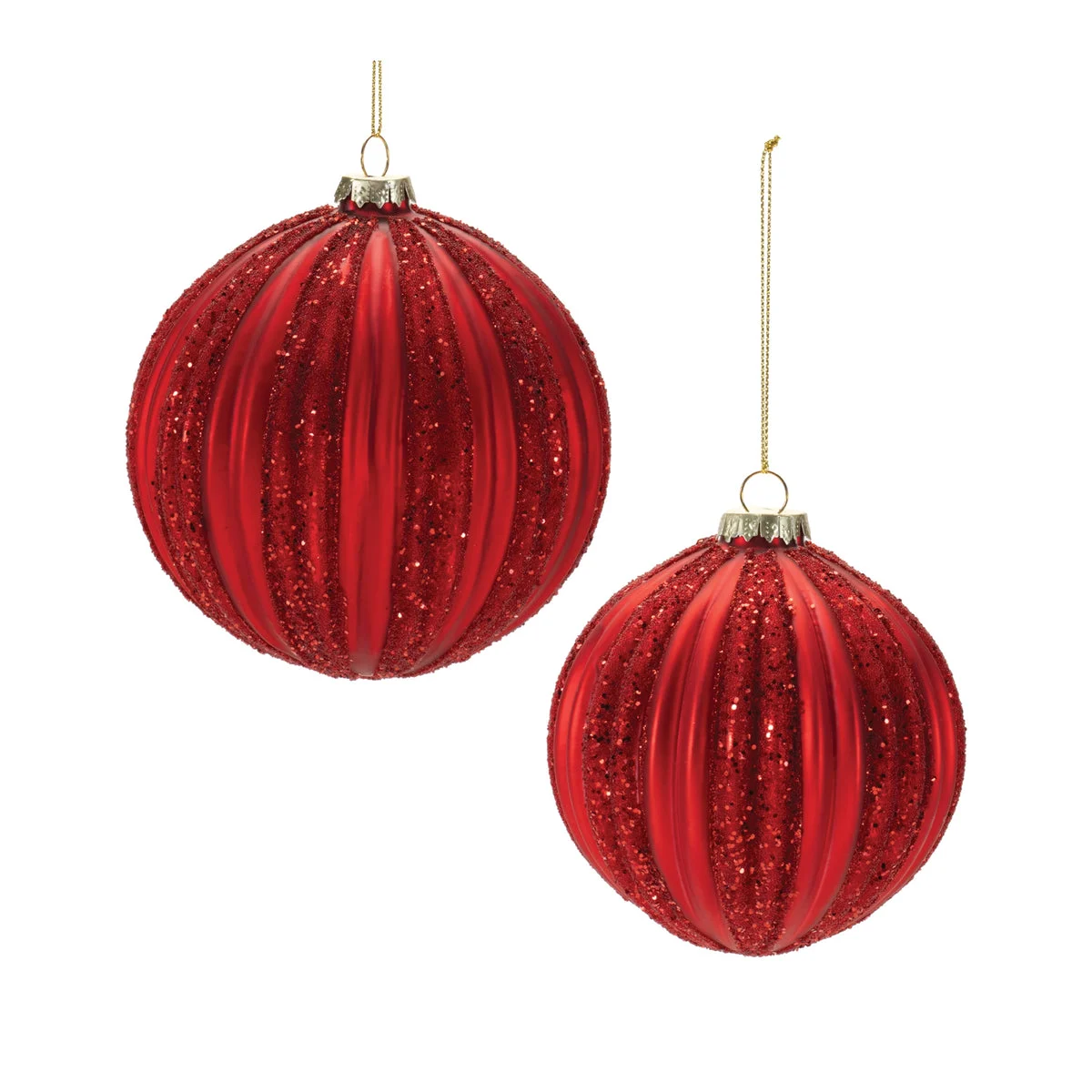 Ball Ornament Set of 4 5"D Red Glass Ribbed Gloss & Glitter Holiday Decor By Melrose