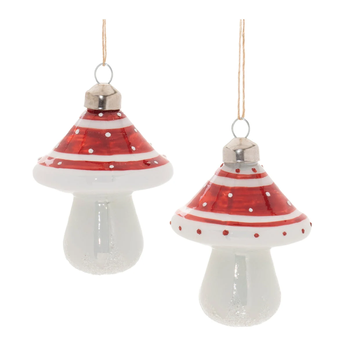Mushroom Ornament Set of 6 3"H Red White Glass Glittered Whimsical Holiday Decor By Melrose