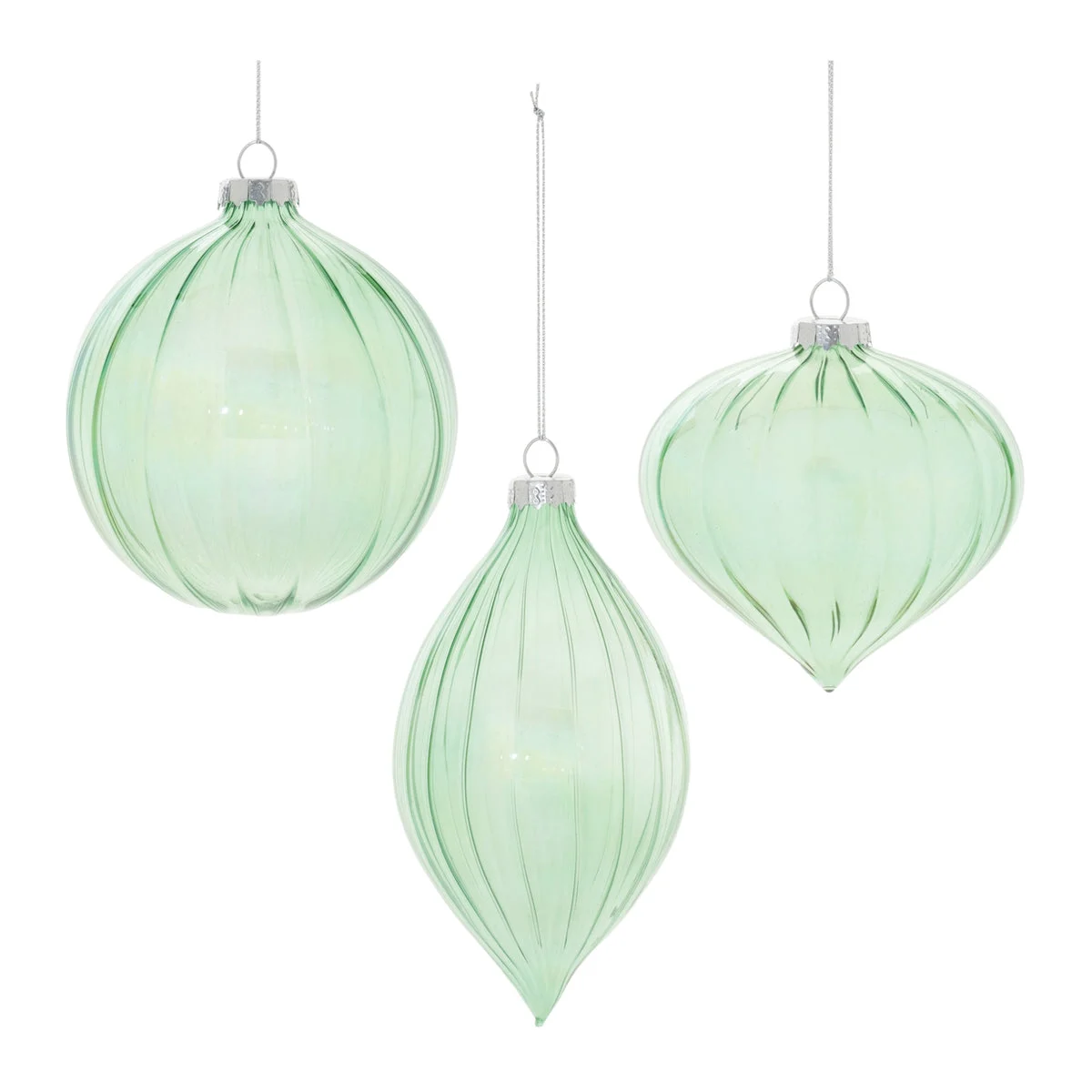 Iridescent Ribbed Ornament Set of 6 5.5"H Green Glass Glam Holiday Decor By Melrose
