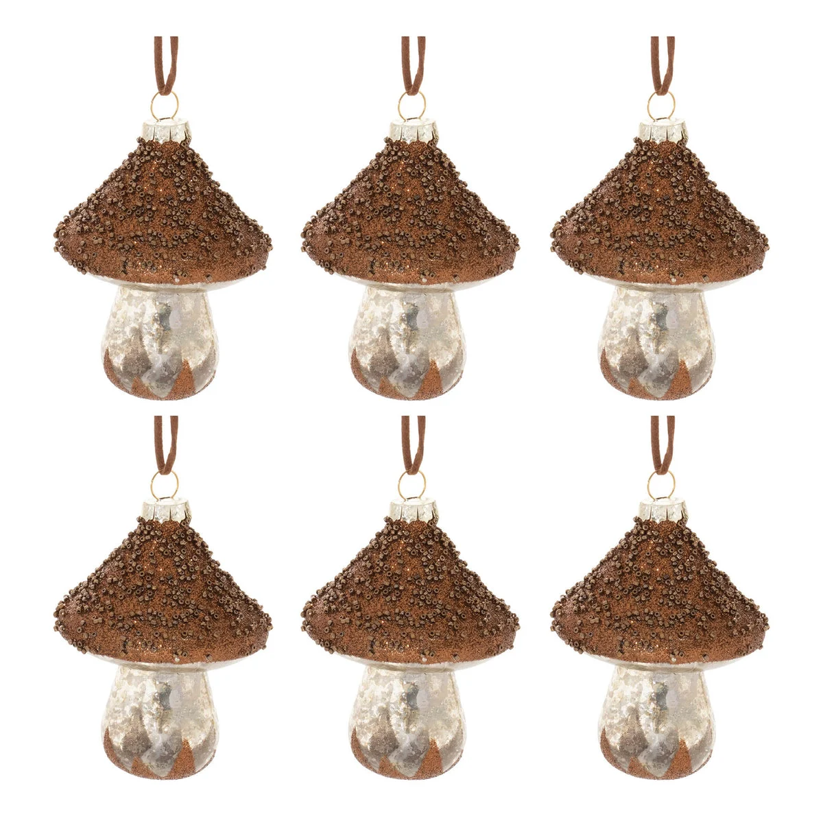 Christmas Mushroom Ornament Beaded Glass 4" Height Woodland Holiday Decor Set of 6 by Melrose