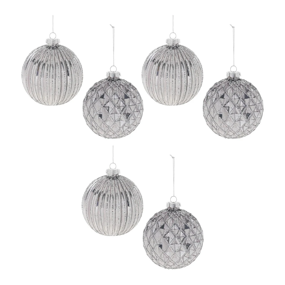Christmas Glittered Glass Ball Ornament 4" Height Silver Holiday Decor Set of 6 by Melrose