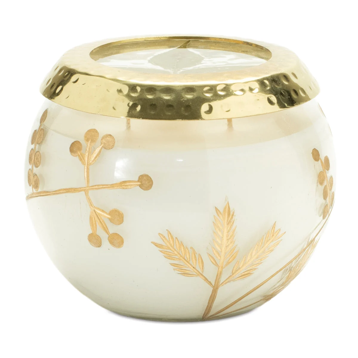 Frosted Juniper Scented Soy Candle – 5"D x 4"H Holiday Glass Candle with Pressed Leaf Lid by Melrose