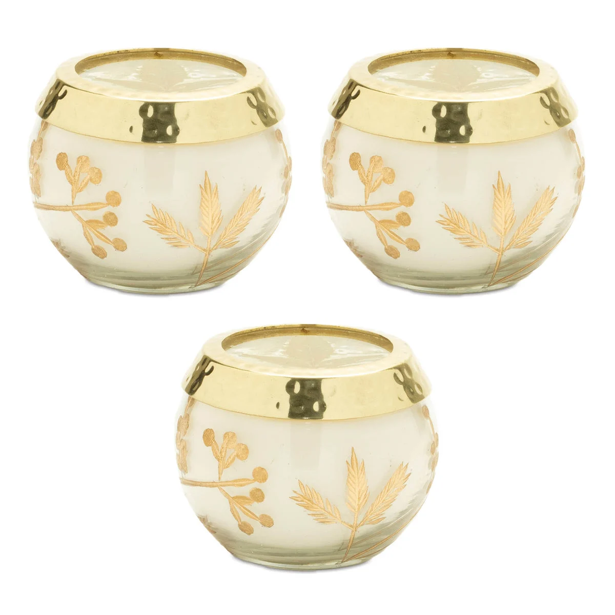 Frosted Juniper Scented Soy Candle – 2.5"H Set of 3 Holiday Glass Candles with Pressed Leaf Lid by Melrose