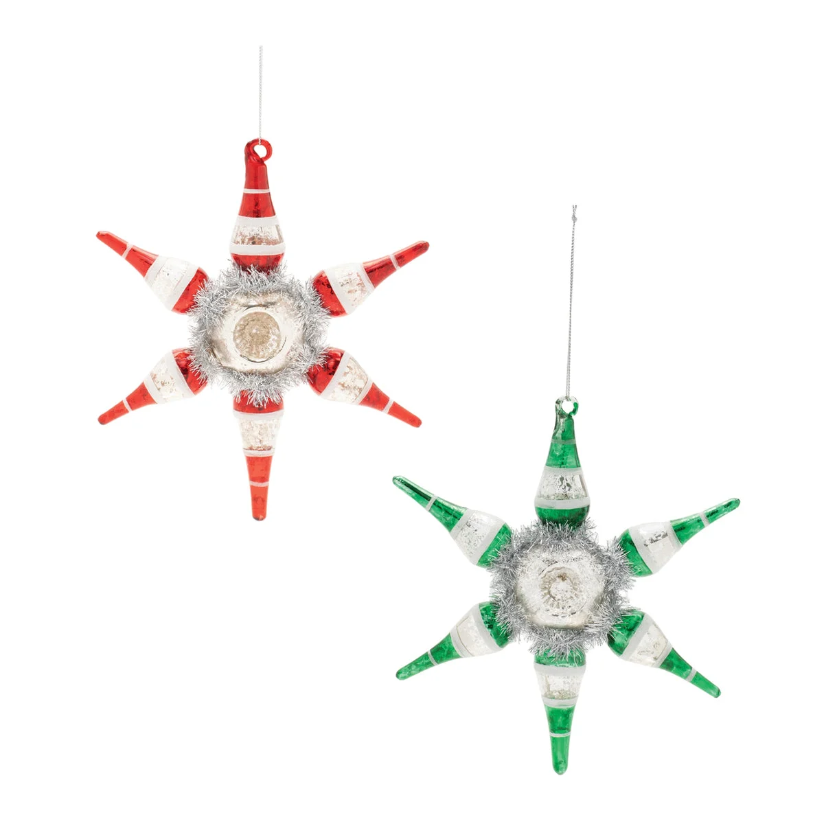 Reflector Snowflake Ornaments (Set of 4) – 8"H Glass Silver, Red & Green Holiday Decor By Melrose