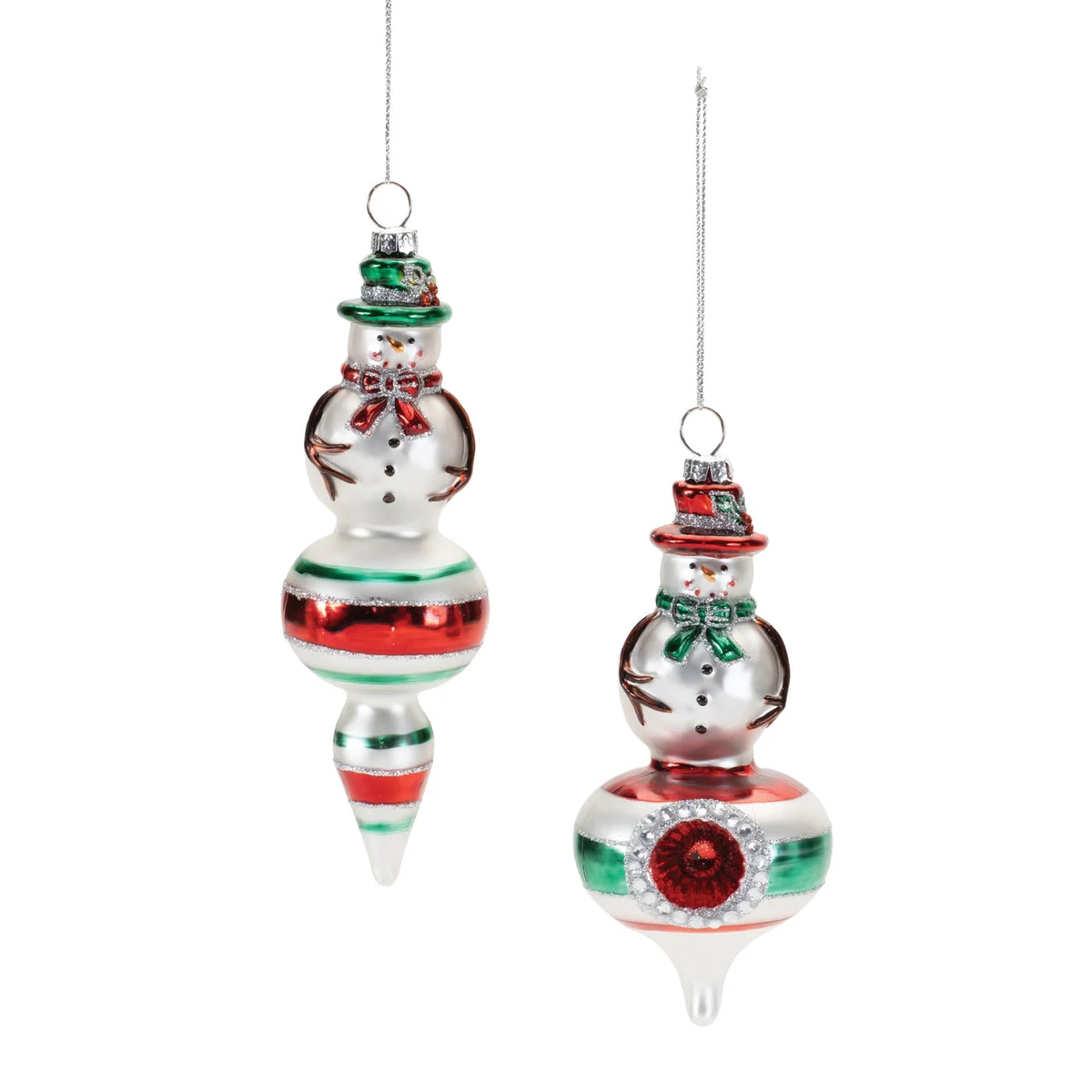 Snowman Drop Ornament (Set of 12) – 5.5"H Glass Silver, Green & Red Christmas Decor By Melrose