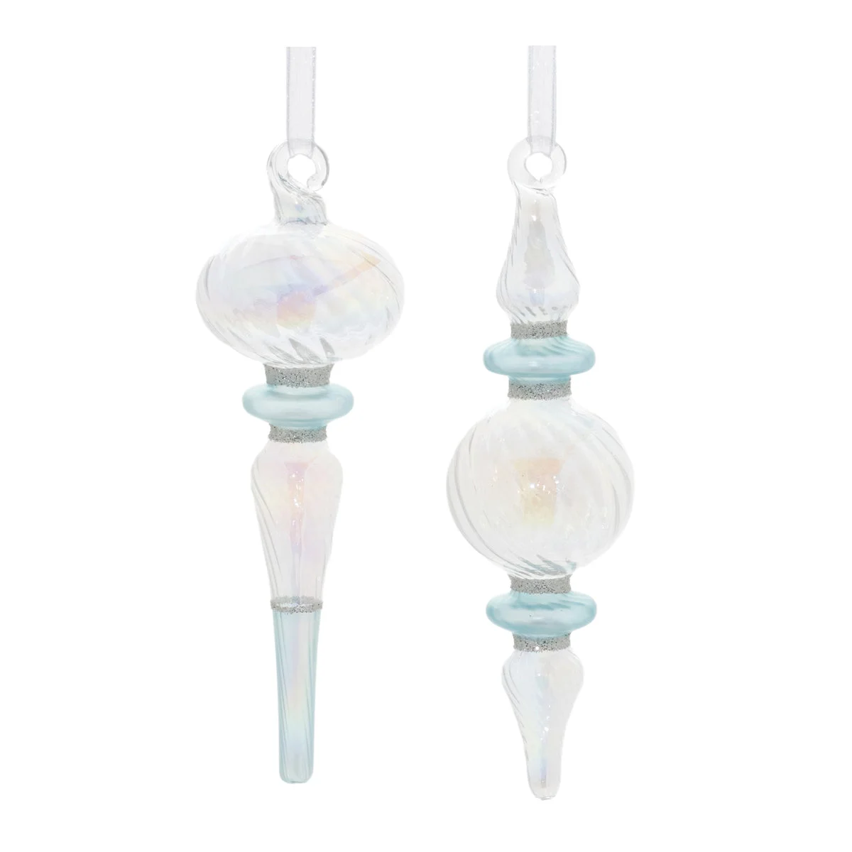 Glass Finial Drop Ornament Set 5.5 Inch H Blue Iridescent Glam Holiday Decor Set of 12 By Melrose