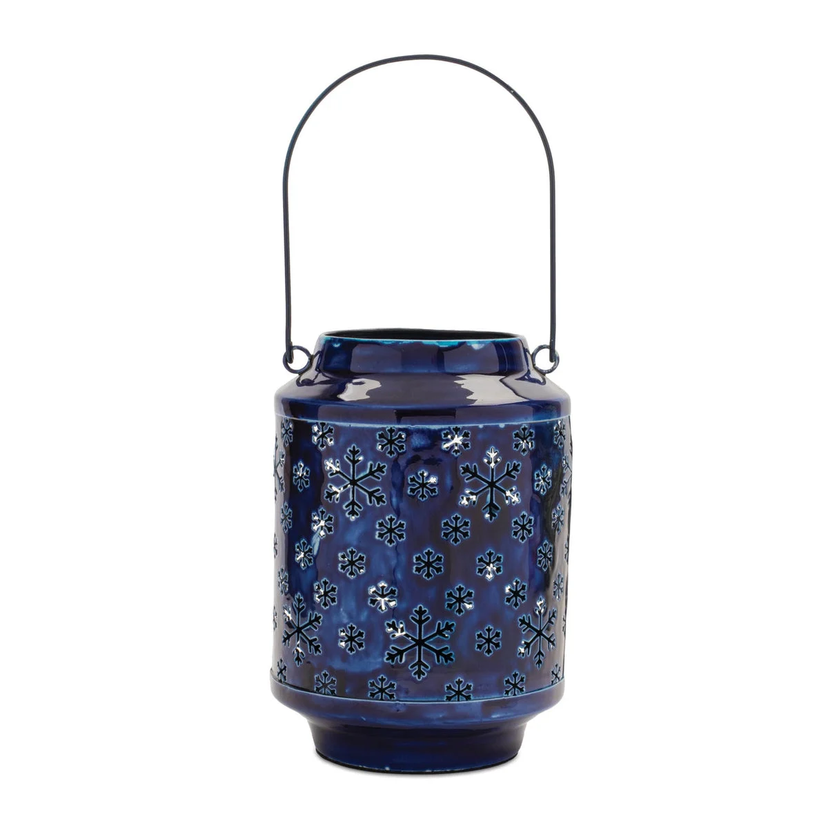 Snowflake Punched Iron Lantern 9.5"H Blue Glossy Finish Holiday Candle Accent By Melrose