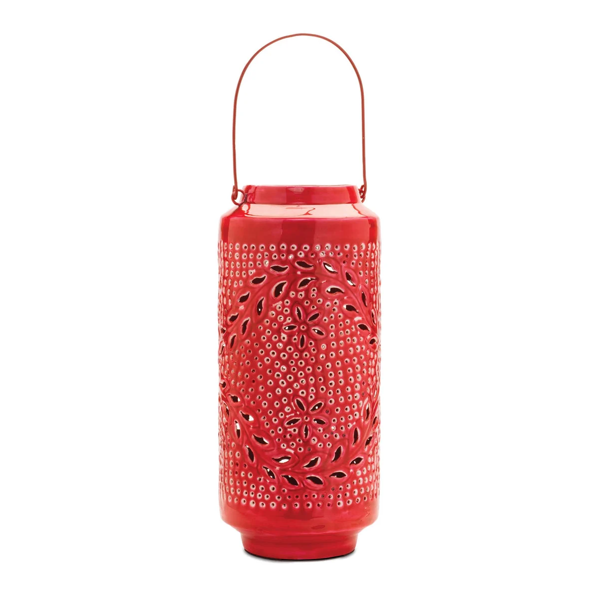 Punched Metal Candle Lantern 15.5"H Red Iron with Handle, Industrial Decorative Lighting by Melrose