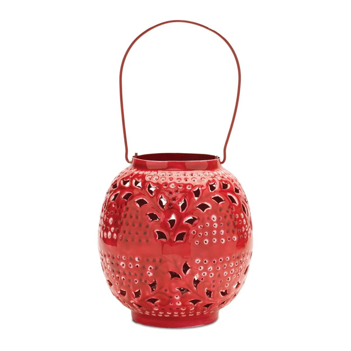 Punched Metal Candle Lantern 8"H – Red Iron with Handle, Industrial Decorative Accent by Melrose