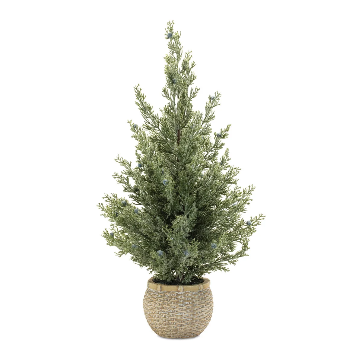 Potted Mini Pine Tree (Set of 2) – 23"H Green with Pinecones in Wicker Planters, Farmhouse Holiday Decor by Melrose