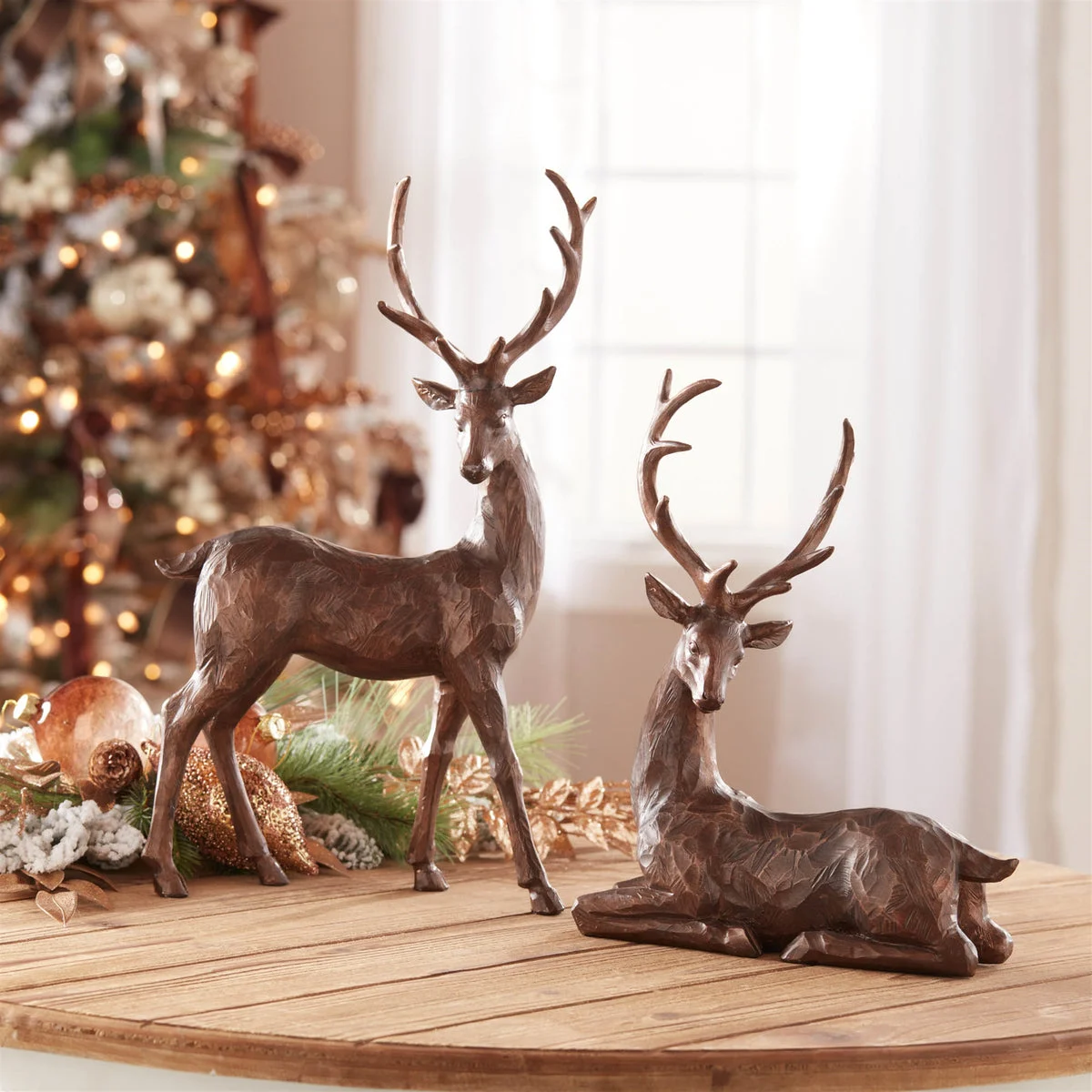 Winter Deer Figurine (Set of 2) – 18"H Brown Bronze Resin Christmas Decor by Melrose