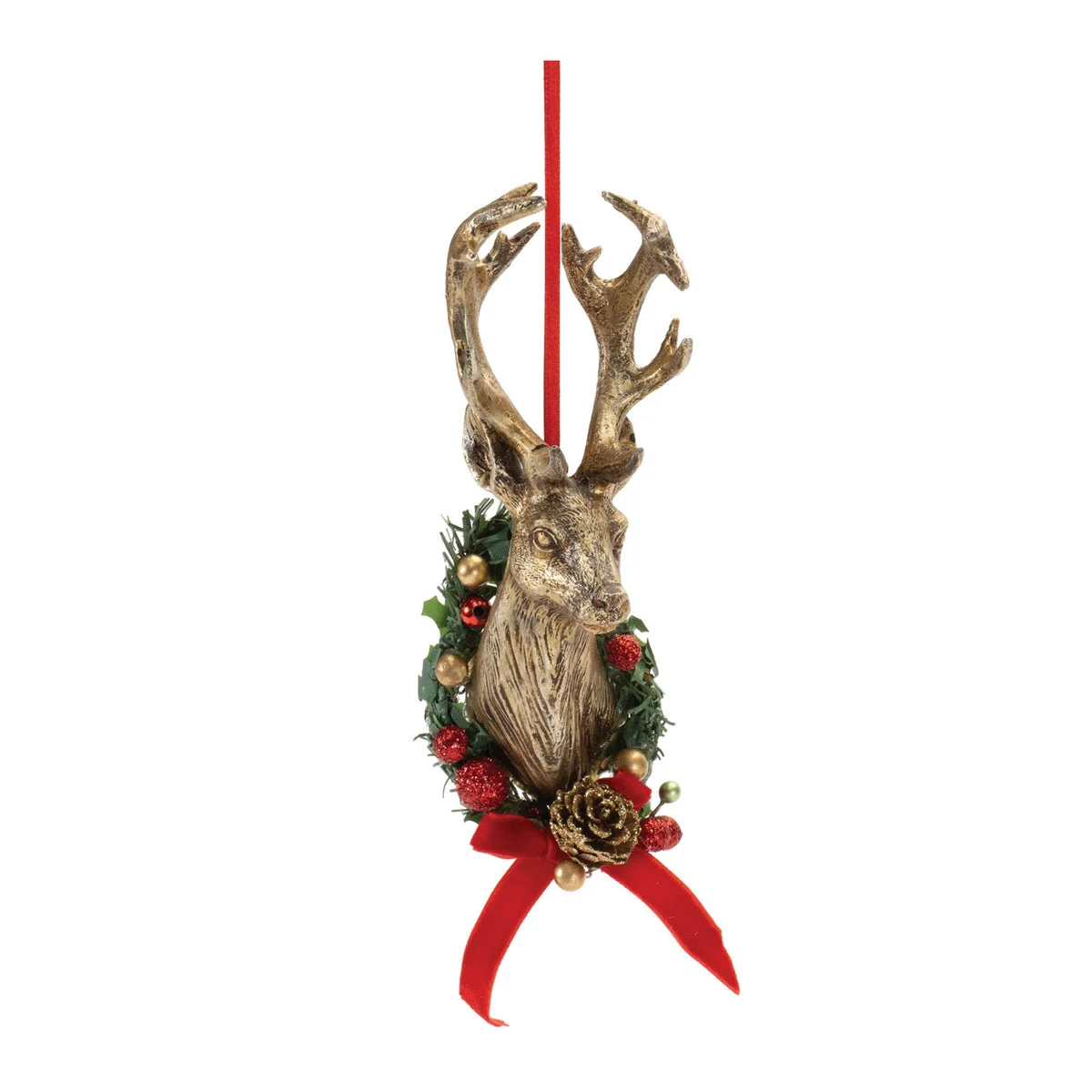 Deer Head Mount Ornament (Set of 6) – 6"H Brown Red Green Resin Christmas Tree Decor by Melrose