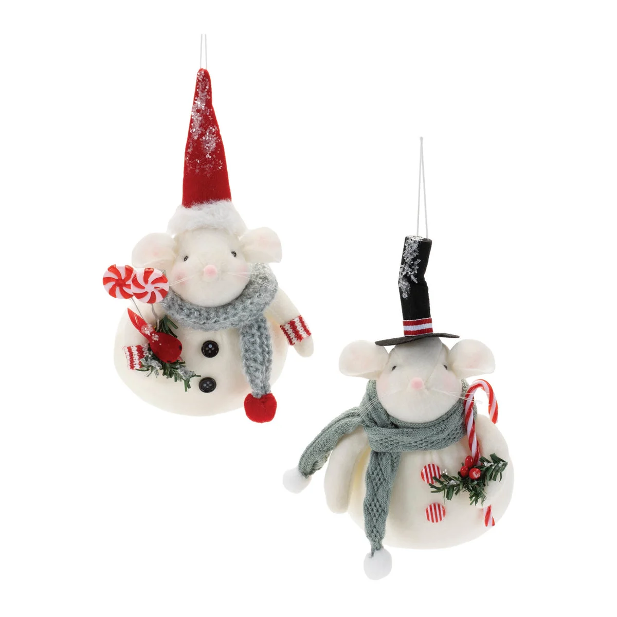 Plush Mouse Ornament (Set of 12) – 7.5"H Red White Polyester Christmas Tree Decor by Melrose
