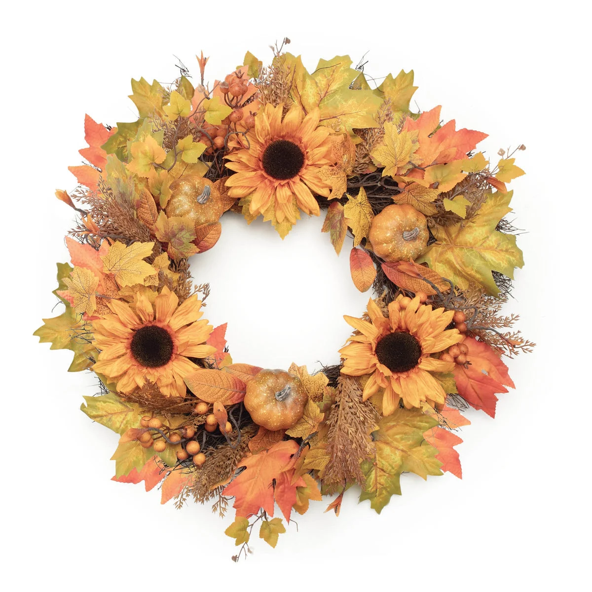 Sunflower and Pumpkin Wreath Harvest Fall Foliage Decor 24" D by Melrose