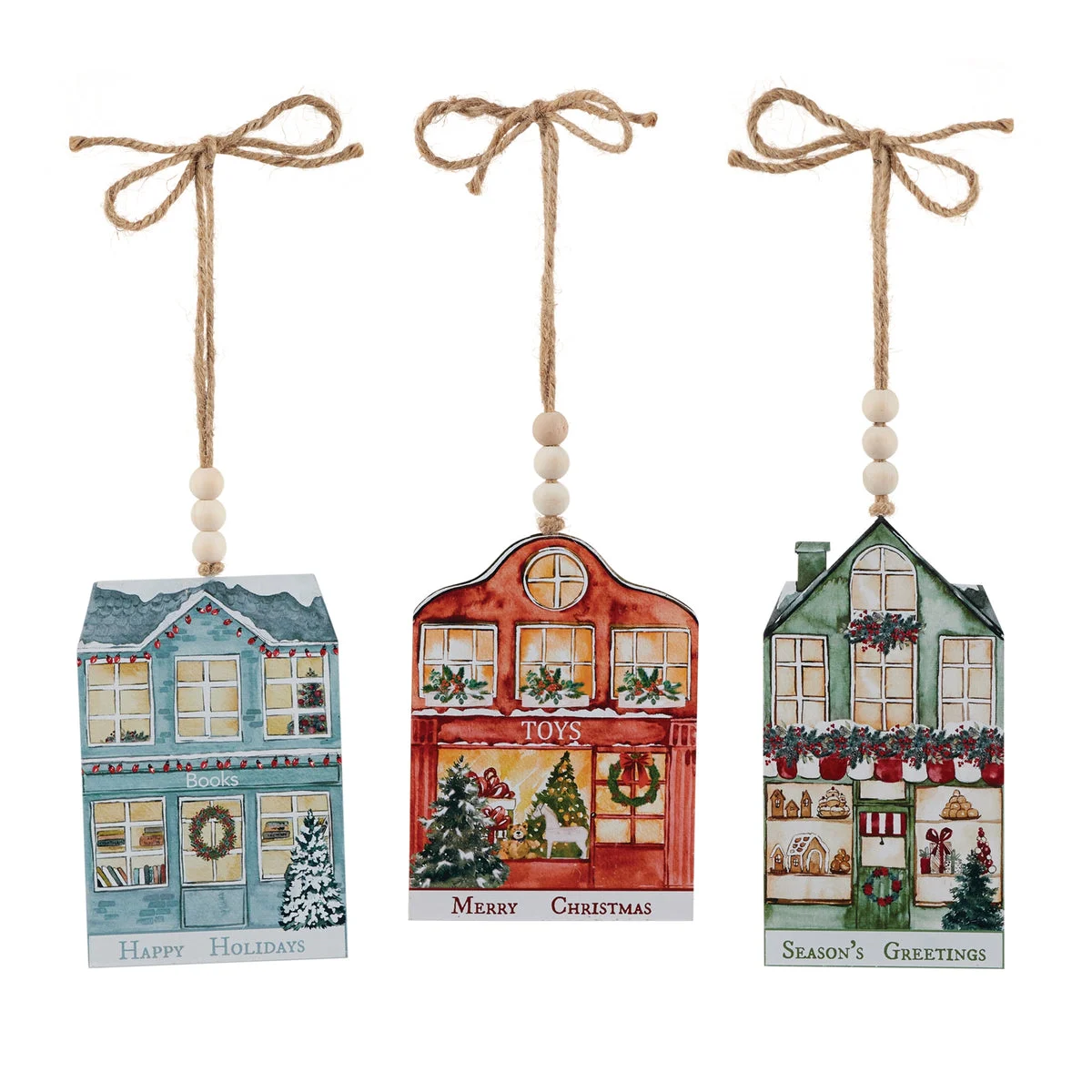 Christmas Village Shop Ornaments Vintage Iron Holiday Decor Set of 3 – 7" H by Melrose