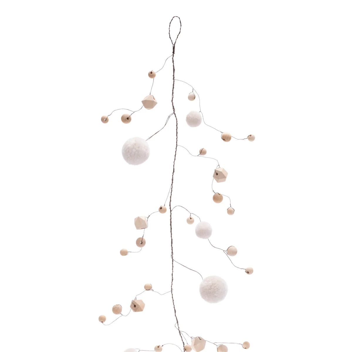 Wood Bead and Puff Ball Garland (Set of 2) – 5' L Beige and Brown Farmhouse Christmas Decor by Melrose
