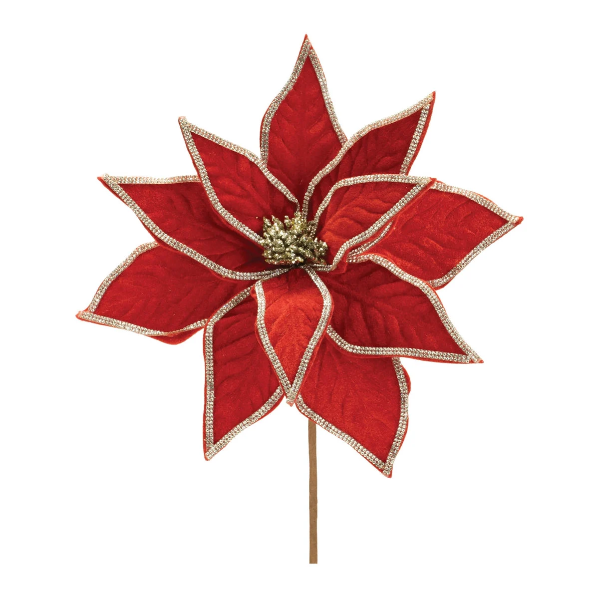 Poinsettia Stem Set of 2 Jeweled Red Silver Polyester 15" H by Melrose