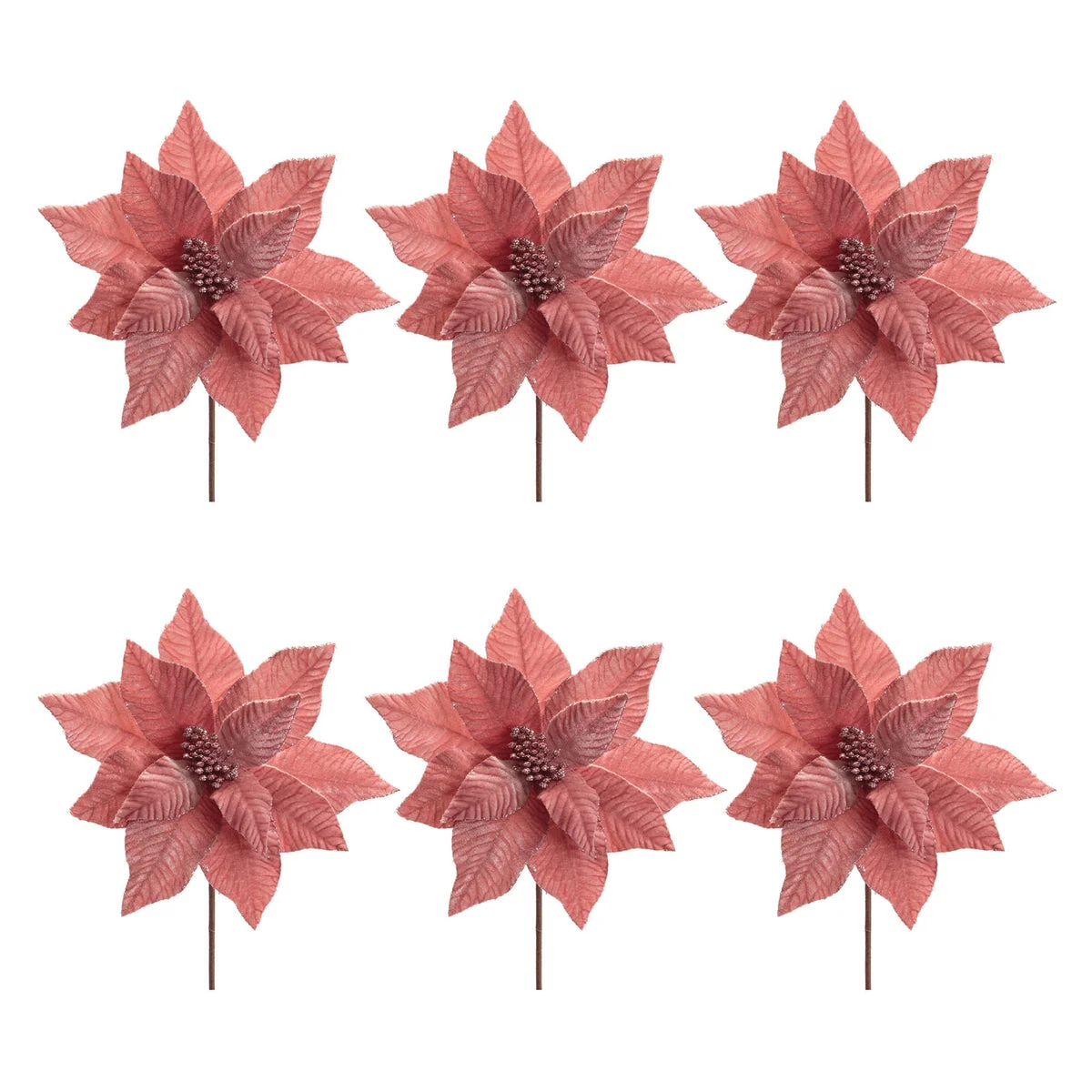 Christmas Poinsettia Stem – Pink Glittered Flower – Height 23.5 Decorative Floral Accent Set of 6 by Melrose