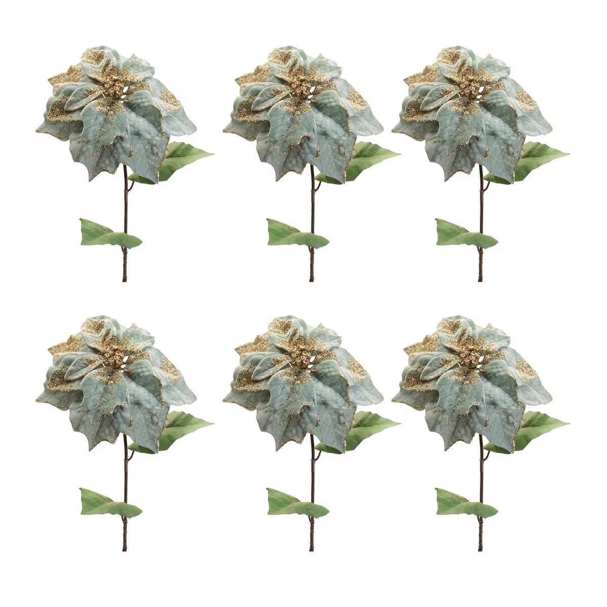 Christmas Poinsettia Stem – Green Gold Glittered Flower Height 30 Decorative Floral Accent Set of 6 by Melrose