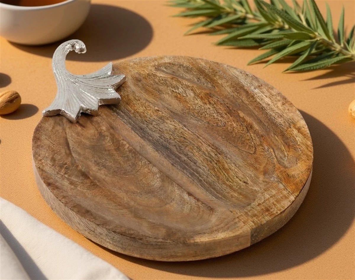 Pumpkin Decorative Tray 1.5"H Wooden Base with Aluminum Stem Accent by Melrose