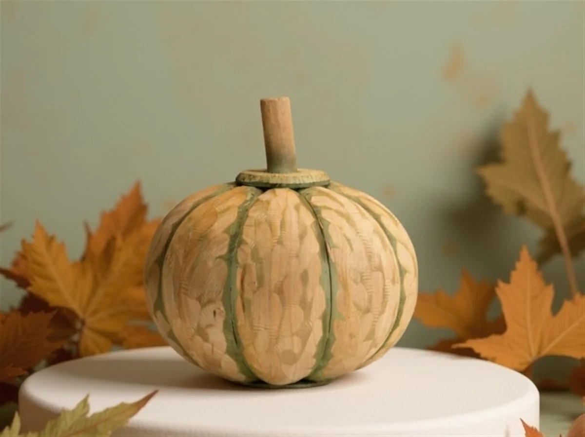 Carved Fir Wood Pumpkin Decor (Set of 2) – 7"H Beige & Green Rustic Fall Tabletop Accents by Melrose